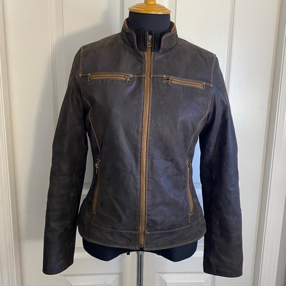 Danier Jackets & Blazers - DANIER Genuine Leather Brown Moto Zip Up Jacket Size Small